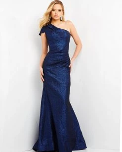 Jovani - 06751SC Asymmetric One Shoulder Cap Sleeve Evening Dress - 1 Pc Cobalt In Size 8 Available Formal Gowns