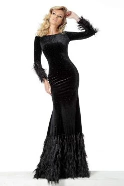 Jovani - 1085 Embellished Bateau Feathered Trumpet Dress Formal Gowns