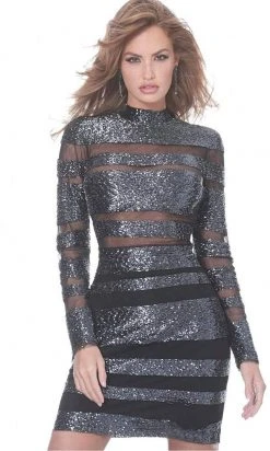 Cocktail Dresses Jovani - 3950 High Neck Long Sleeve Illusion Cocktail Dress