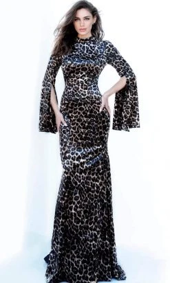 Formal Gowns Jovani - 3995 Animal Print Split Sleeve Mermaid Dress