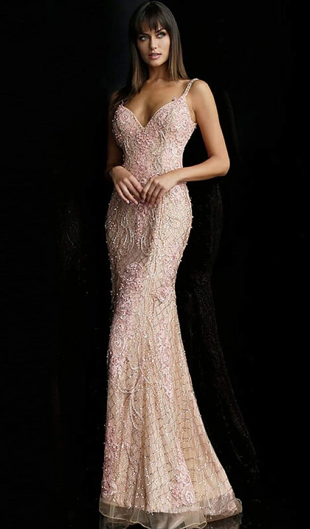 Formal Gowns Jovani - 59056 Lace Appliqued V-Neck Gown 3 Formal Gowns Jovani - 59056 Lace Appliqued V-Neck Gown