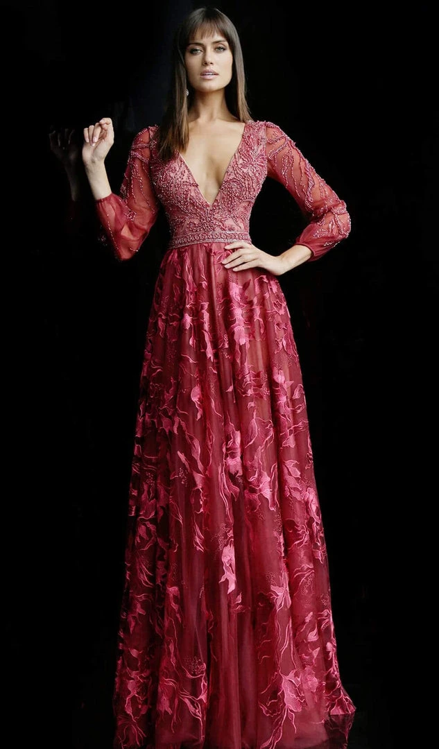 Formal Gowns Jovani - 62143 Plunging V-Neck Floral Embroidered Long Gown 5 Formal Gowns Jovani - 62143 Plunging V-Neck Floral Embroidered Long Gown