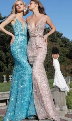 Jovani - 62517 Embellished Embroidered Deep V-neck Trumpet Dress