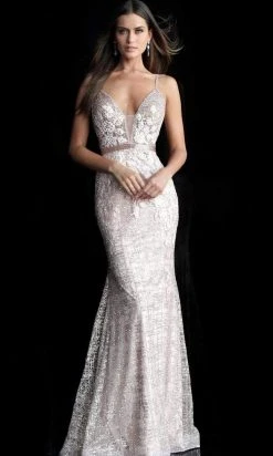 Jovani - 62517 Embellished Embroidered Deep V-neck Trumpet Dress