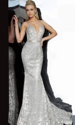 Jovani - 62517 Embellished Embroidered Deep V-neck Trumpet Dress