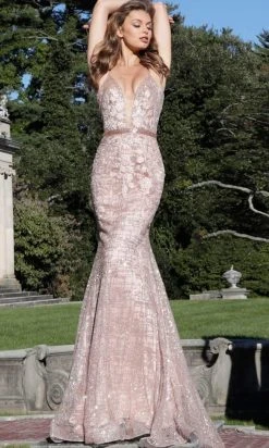 Jovani - 62517 Embellished Embroidered Deep V-neck Trumpet Dress