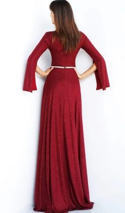 Formal Gowns Jovani - 63124 Split Long Sleeve Glitter High Slit Gown