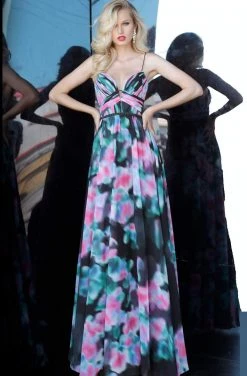 Formal Gowns Jovani - 65614 Printed Deep V-neck A-line Dress 7 Formal Gowns Jovani - 65614 Printed Deep V-neck A-line Dress