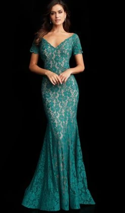 Jovani - 66730 Embellished Lace Short Sleeve V-neck Trumpet Dress Formal Gowns