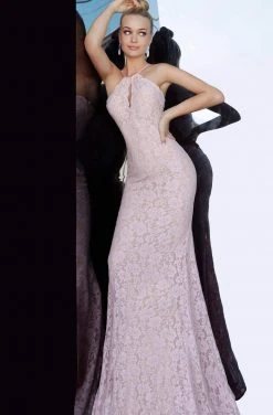 Jovani - 68431 Keyhole Halter Beaded Lace Gown