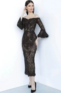 JVN By Jovani Formal Gowns Jovani - Bell Sleeve Lace Evening Dress JVN2241SC - 1 Pc Black In Size 6 Available