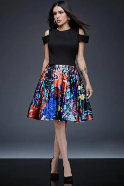 Jovani - Black Top With Print Satin Fit And Flare Dress M504