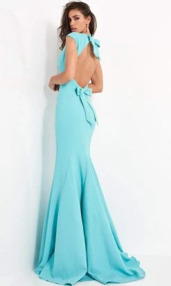 Formal Gowns Jovani - Bow Ornate Cutout Back Mermaid Dress 04098SC - 1 Pc Turquoise In Size 0 Available