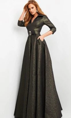 Jovani - Collared V-Neck Metallic Evening Dress 05075SC - 1 Pc Olive In Size 8 Available Formal Gowns
