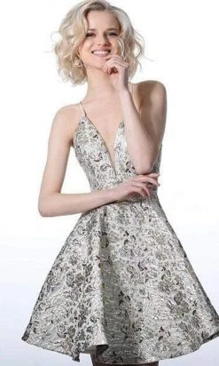 JVN By Jovani Cocktail Dresses Jovani - Deep V-neck A-line Dress With A Strappy Back JVN3821SC - 1 Pc Blue In Size 0 Available