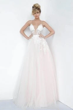 Formal Gowns Jovani - Deep V-Neck Tulle Prom Ballgown 1310SC - 1 Pc Off White/ Lilac In Size 6 Available