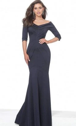 Jovani - Drape Ornate Off Shoulder Trumpet Dress 02760SC - 1 Pc Navy In Size 8 Available
