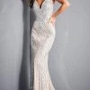 Jovani - Embellished Plunging Evening Gown 05752SC - 1 Pc Silver/Nude In Size 14 Available Formal Gowns