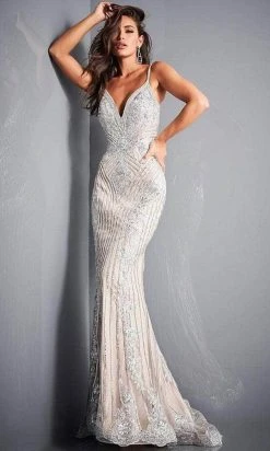 Jovani - Embellished Plunging Evening Gown 05752SC - 1 Pc Silver/Nude In Size 14 Available Formal Gowns