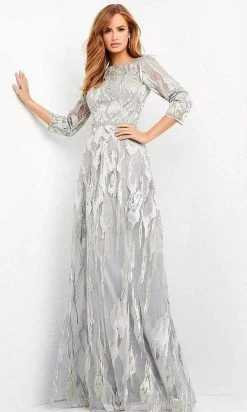 Formal Gowns Jovani - Embellished Quarter Sleeves A-Line Dress 04435SC - 1 Pc Silver In Size 6 Available