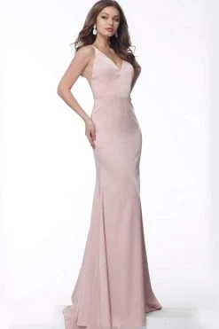Jovani - Fitted V-Neck Satin Evening Dress 66682SC - 1 Pc Blush In Size 4 Available Formal Gowns