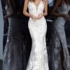 Formal Gowns Jovani - Floral Embroidered Lace Deep V-neck Trumpet Dress 02444SC - 1 Pc White/Nude In Size 8 Available