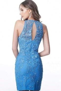 JVN By Jovani Jovani - Floral Lace Applique Jewel Cocktail Dress JVN1290SC - 1 Pc Navy In Size 2 Available