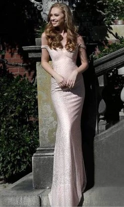 JVN By Jovani Formal Gowns Jovani - Intricate Off Shoulder Long Gown JVN60139SC - 1 Pc Blush In Size 4 Available