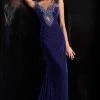 Jovani - Jeweled Keyhole Off-Shoulder Velvet Trumpet Dress 61697SC - 1 Pc Navy In Size 2 Available Formal Gowns