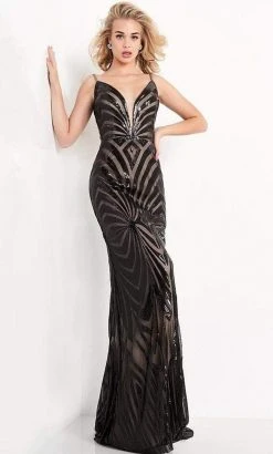 JVN By Jovani Jovani - JVN04776 Illusion Plunging Neck Geo Sequin Stripe Sheath Gown Formal Gowns