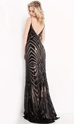 JVN By Jovani Jovani - JVN04776 Illusion Plunging Neck Geo Sequin Stripe Sheath Gown Formal Gowns