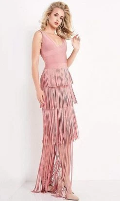 JVN By Jovani Jovani - JVN04784 Fringe V Neck Sheath Dress Formal Gowns