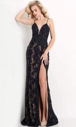 JVN By Jovani Formal Gowns Jovani - JVN05757 Lace Deep V Neck Long Dress With Slit 12 JVN By Jovani Formal Gowns Jovani - JVN05757 Lace Deep V Neck Long Dress With Slit