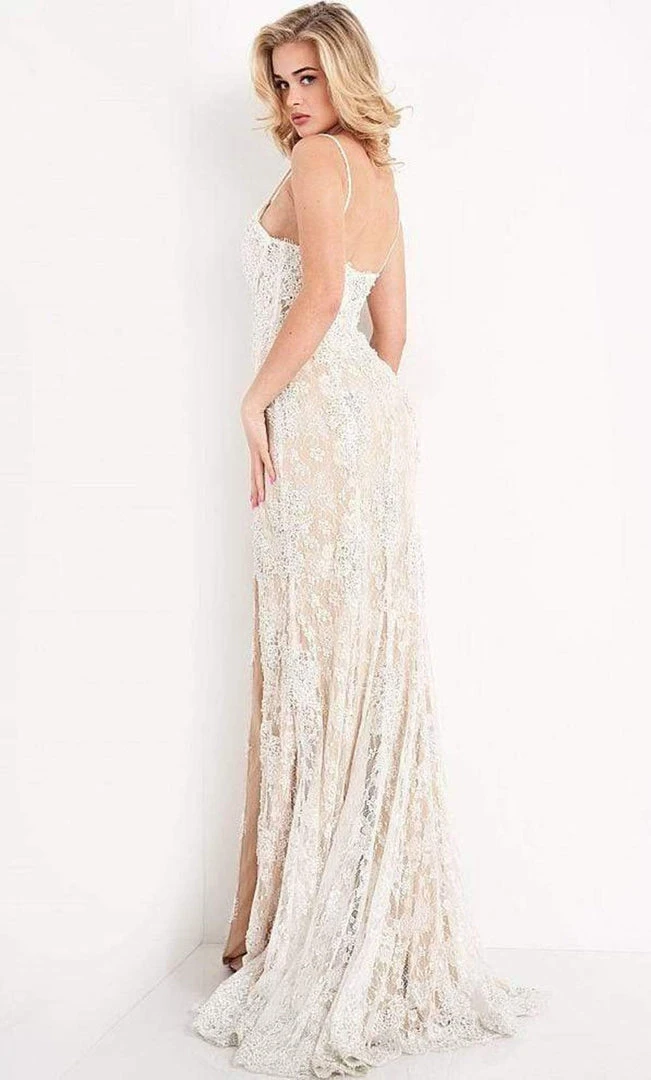 JVN By Jovani Formal Gowns Jovani - JVN05757 Lace Deep V Neck Long Dress With Slit 4 JVN By Jovani Formal Gowns Jovani - JVN05757 Lace Deep V Neck Long Dress With Slit