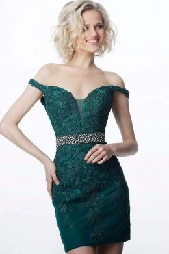 JVN By Jovani Jovani - JVN1102 Lace Applique Off Shoulder Fitted Cocktail Dress Cocktail Dresses