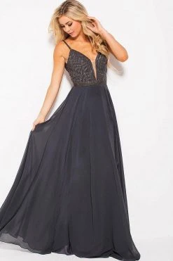 JVN By Jovani Formal Gowns Jovani - JVN60599 Embellished Deep V-neck A-line Dress