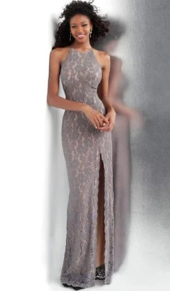 JVN By Jovani Jovani - JVN61347 Beaded Lace Halter Sheath Dress With Slit Formal Gowns