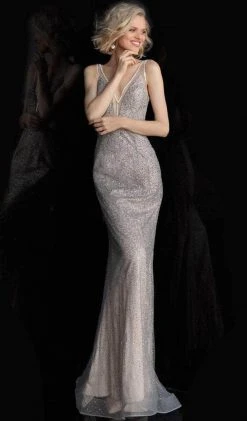 JVN By Jovani Formal Gowns Jovani - JVN62500SC Shimmering Sleeveless Long Gown - 1 Pc Silver/Nude In Size 6 Available