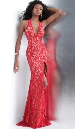 JVN By Jovani Jovani - JVN63391 Fully Lace Deep Halter V-neck Trumpet Dress