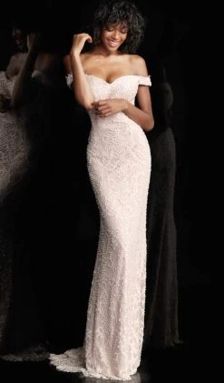 JVN By Jovani Formal Gowns Jovani - JVN66695 Lace Off-Shoulder Trumpet Dress With Mini Train