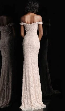 JVN By Jovani Formal Gowns Jovani - JVN66695 Lace Off-Shoulder Trumpet Dress With Mini Train