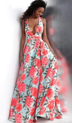 JVN By Jovani Jovani - JVN66937 Plunging Neck Floral Print Satin Gown Formal Gowns