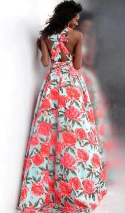 JVN By Jovani Jovani - JVN66937 Plunging Neck Floral Print Satin Gown Formal Gowns