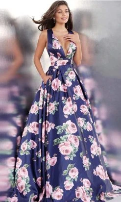 JVN By Jovani Jovani - JVN66938 Plunging Floral Print Satin Ballgown