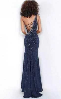 Formal Gowns Jovani - Lace Up Beaded Trumpet Gown 1170SC - 1 Pc Navy In Size 8 Available