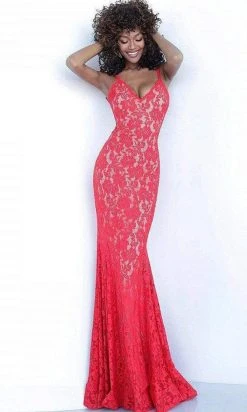 Jovani - Lace V-Neck Trumpet Dress 68005ASC - 2 Pc Red In Size 4 And 6 Available Formal Gowns
