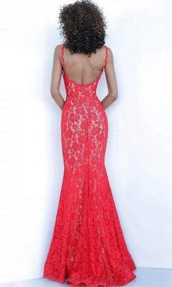 Jovani - Lace V-Neck Trumpet Dress 68005ASC - 2 Pc Red In Size 4 And 6 Available Formal Gowns