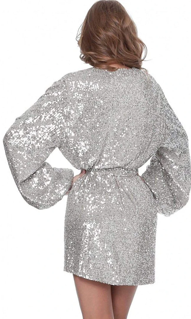 Jovani - Long Sleeves Wrapped Sequin Short Dress M3612SC - 1 Pc Gold In Size 4 Available Cocktail Dresses 4 Jovani - Long Sleeves Wrapped Sequin Short Dress M3612SC - 1 Pc Gold In Size 4 Available Cocktail Dresses