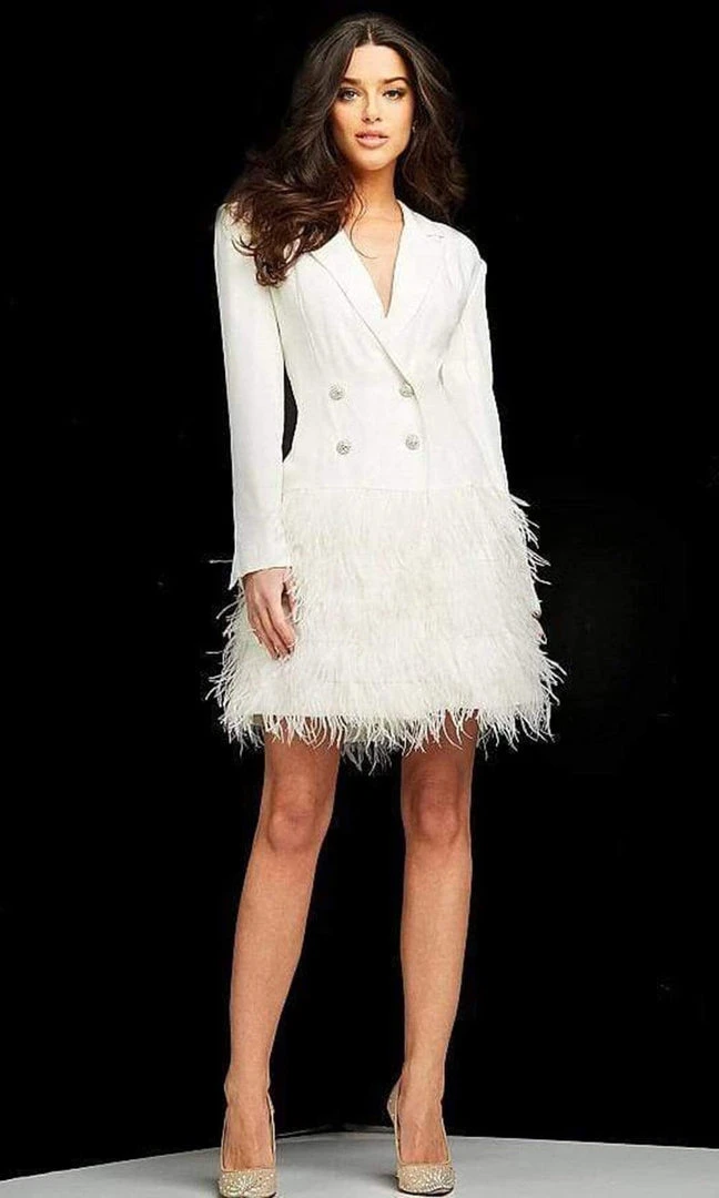 Jovani - M1262 Feather Embellished Mini Suit Dress Cocktail Dresses 3 Jovani - M1262 Feather Embellished Mini Suit Dress Cocktail Dresses