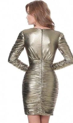 Cocktail Dresses Jovani - M66325 Long Sleeve Metallic Ruched Short Dress